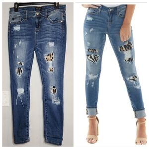Judy Blue Stretch Denim Distressed Skinny Jeans Leopard Print Patch size 7/28